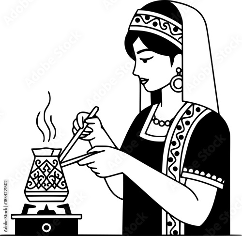 Woman crafting traditional Turkish coffee in ornate copper cezve illustration
