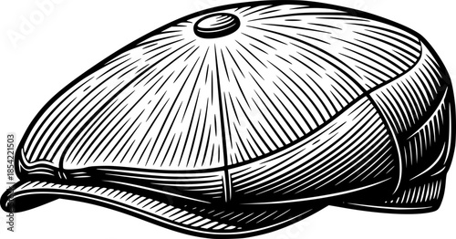 Vintage Style Flat Cap Hand Drawn Woodcut Illustration in Black
