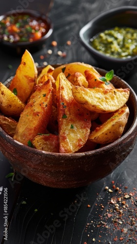 Fried potato wedges served with salsa verde sauce and a side of salsa in a restaurant setting during a casual dining experience