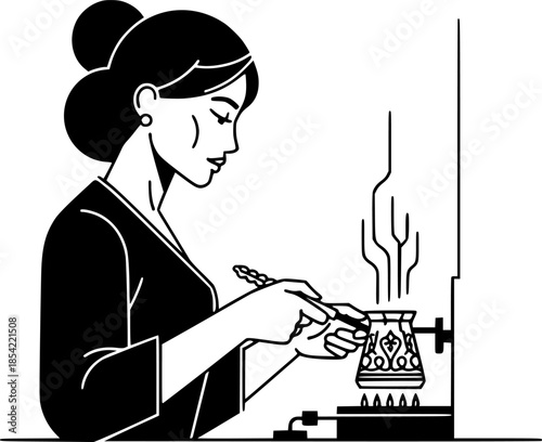 Woman crafting traditional Turkish coffee in ornate copper cezve illustration
