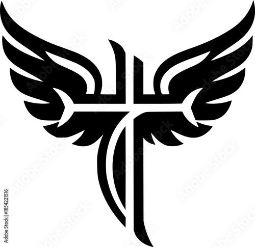 Angelic Wings and Cross, Create an abstract fusion of angelic wings forming the shape of a cross
