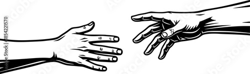Woodcut style illustration of two hands reaching out with suppor
