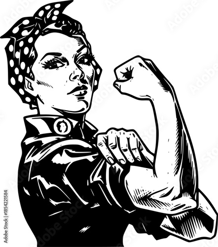 Empowering Rosie the Riveter, A Woodcut Illustration of Strength
