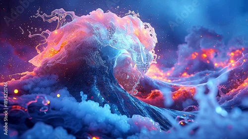 Waves crash in bright colors with glowing effects at night near the shore