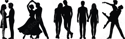 Couple silhouettes showing love romance dancing and walking together isolated on white background relationship lifestyle concept vector illustration black design