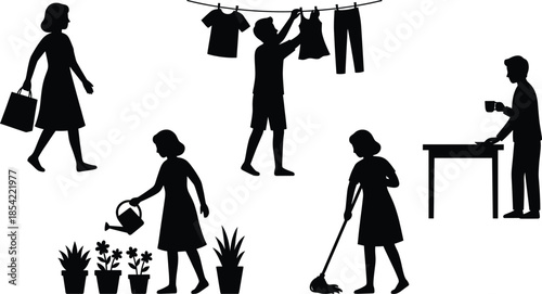Daily life silhouettes showing household chores, laundry, gardening, cleaning, shopping and working isolated on white background lifestyle concept vector illustration