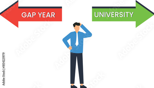 Confused man choosing between gap year or university life choice. Student dilemma with future planning and career path decision making. Higher education crossroads concept difficult decision.