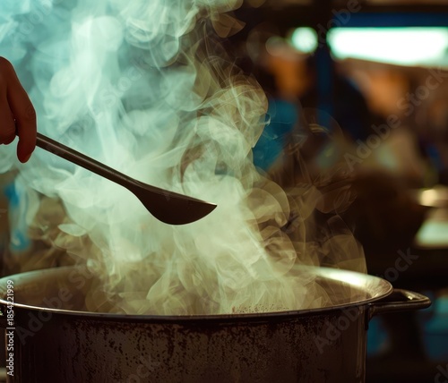 A person is stirring a pot of food with a spoon