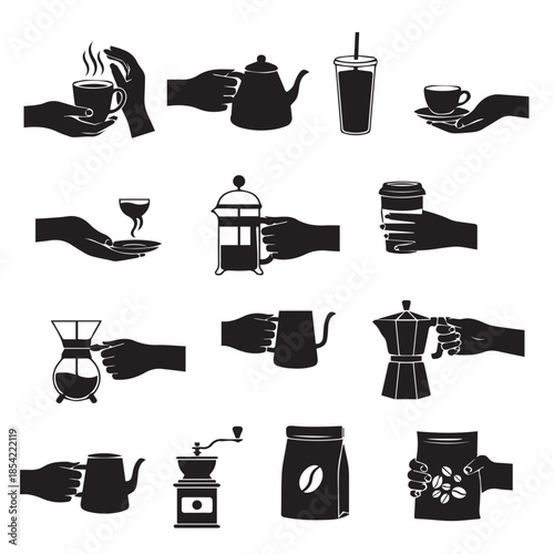 Coffee and tea drinkware and preparation silhouettes