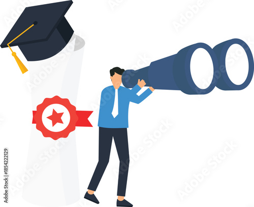 Graduate man job search with binoculars career opportunity future vision looking ahead higher education business success diploma scroll graduation cap finding work professional growth