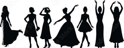 Elegant women silhouettes posing, dancing and standing isolated on white background fashion lifestyle illustration vector black art design modern concept