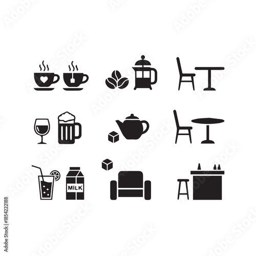 Black icons of coffee, tea, furniture, and drinks on white background