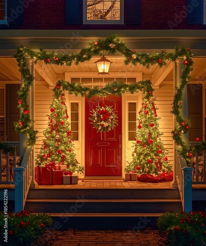 A house with a large wreath on the door and a Christmas tree on the porch