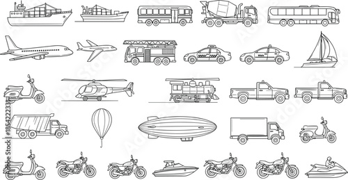 Hand drawn transportation vector set featuring line art icons of cars trucks planes ships and motorcycles for coloring or graphic design