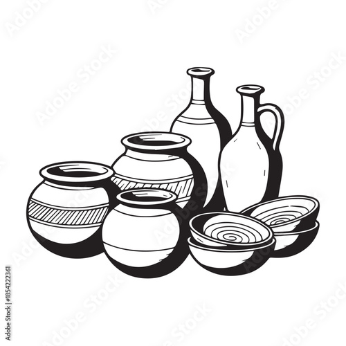 Black and white illustration of ceramic pottery and vases