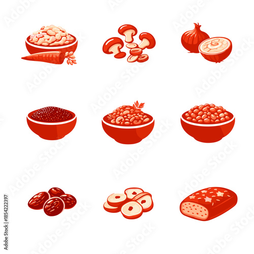 Polish Christmas Eve ingredients icons set in clean red vector
