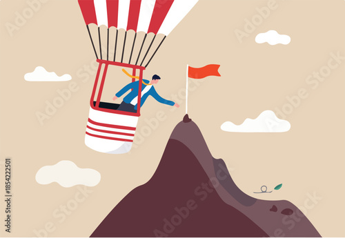 Most efficiency way to reach business goal, tools, assistance or shortcut to help achieve target or destination concept, smart businessman flying balloon reaching mountain peak to grab success flag.