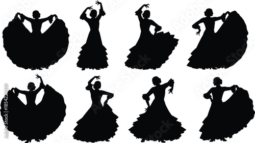 Spanish Flamenco Dancer Silhouette Collection Featuring Traditional Ruffle Dress Performance Poses and Cultural Andalusian Folk Dance Illustration for Graphic Design