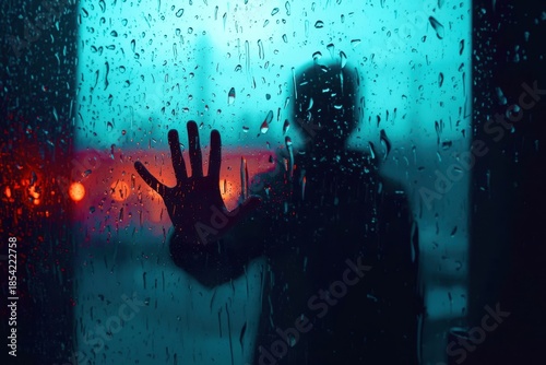 A person is standing in front of a window with raindrops on it