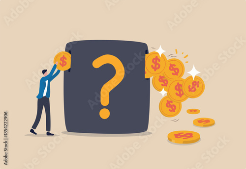Investment earnings, money saving, growth stock market with high capital gain return or dividend concept, businessman investor put coin into black box with question mark and got lot of return money