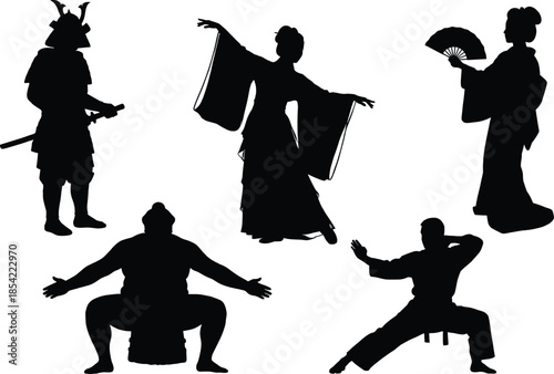 Japanese traditional silhouettes showing samurai geisha dancer sumo and martial artist isolated on white background cultural heritage illustration vector black