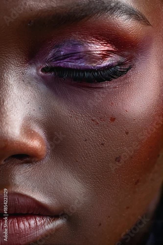 Close-up of makeup on a model showcasing colorful eye shadow in a studio setting during daylight