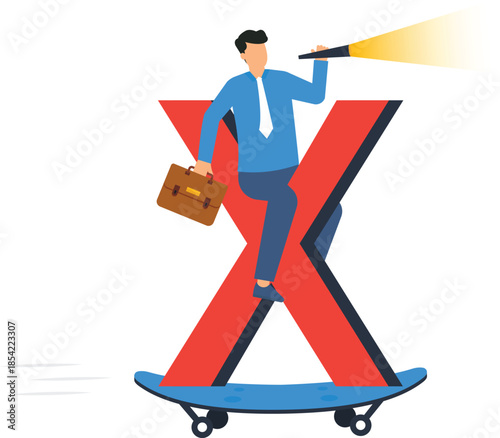 Businessman riding letter X on skateboard with telescope symbolizing business vision future direction career growth corporate strategy market search and finding opportunity
