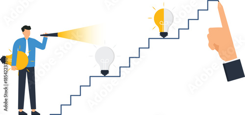 Business vision concept with businessman holding lightbulb idea on career path stairs for goal achievement corporate strategy future planning innovation and growth