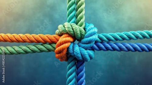 Four Colorful Ropes Intertwined in a Knot on a Blurred Background