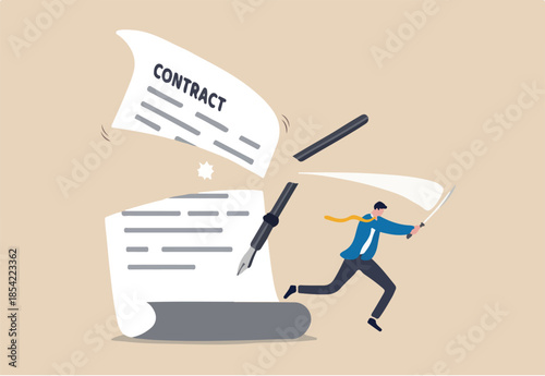 Contract cancellation or agreement terminated, partnership breaking signed business deal, code of conduct mistake concept, confident businessman using sword to cut agreement contract document apart