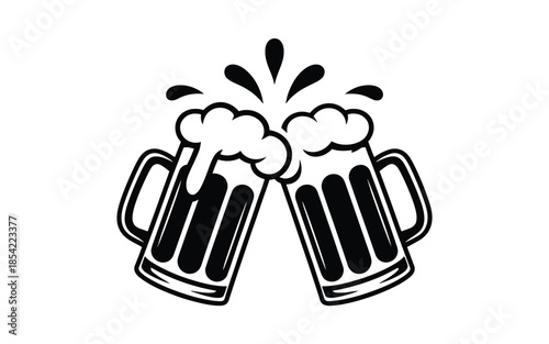 Celebratory beer mugs clinking isolated on white background, Vector, illustration