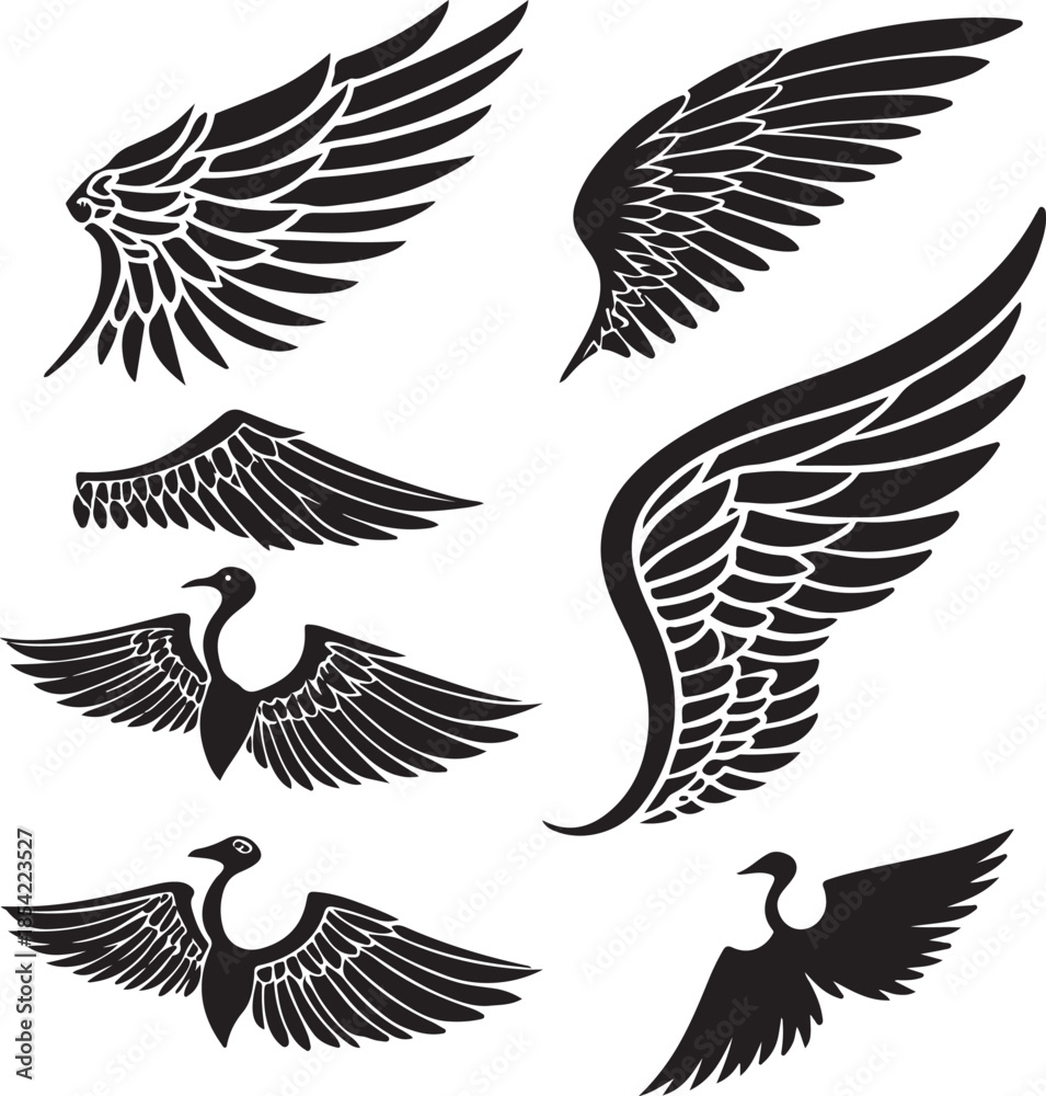 Fototapeta premium Detailed Angel Wings Black Silhouette Vector Art