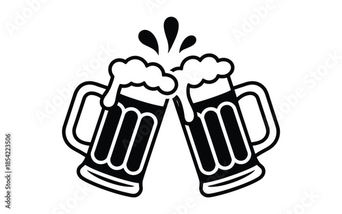 Two beer mugs clinking together isolated on white background, Vector, illustration