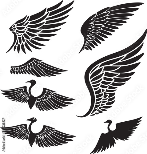 Detailed Angel Wings Black Silhouette Vector Art