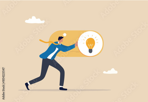 Turn on new idea, solution or innovation to solve problem, enable knowledge or creativity, toggle lightbulb idea invention, unlock or active concept, businessman push toggle switch to turn on idea.
