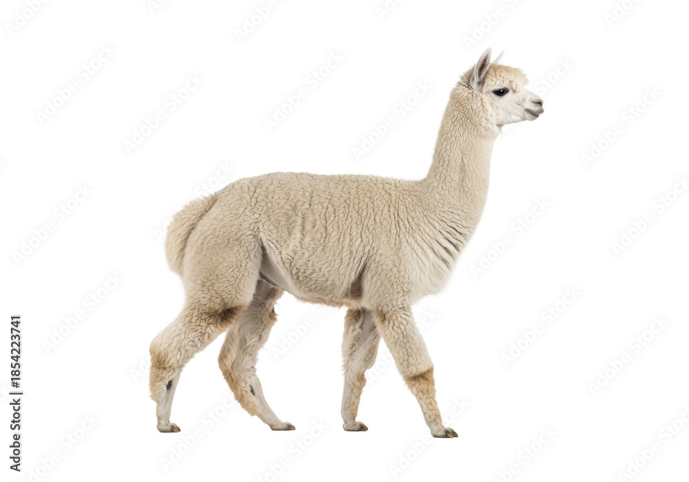 Fototapeta premium a magnificent huacaya alpaca with voluminous, creamy white fleece walks gracefully, full body side profile, isolated against a high-key studio background, emphasizing majestic calm