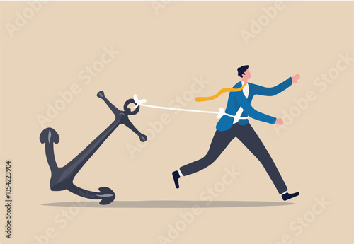 Freedom, relief or escape from bad habit, psychology anchoring effect or cut heavy burden to growing more concept, businessman using scissor to cut the rope tie himself with big heavy anchor.