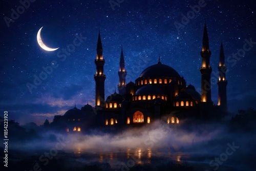 A large building with a large dome and a crescent moon in the sky