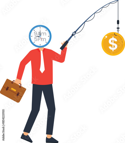 Businessman clock head fishing for money with a fishing rod, chasing a dollar coin, a time for money concept about corporate life, work schedule, financial goal, career ambition, and the rat race
