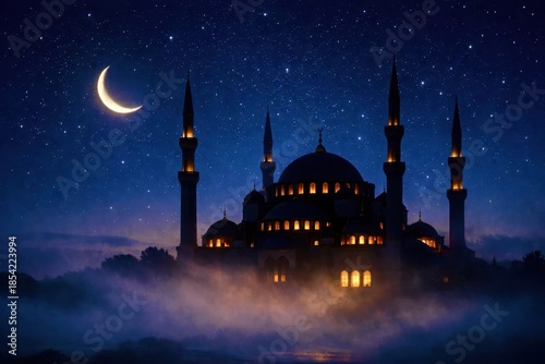 A large building with a large dome and a crescent moon in the sky