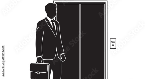 Businessman in a suit with a briefcase waits patiently for the elevator to arrive