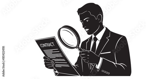 Detailed scrutiny of a legal contract by a man with a magnifying glass