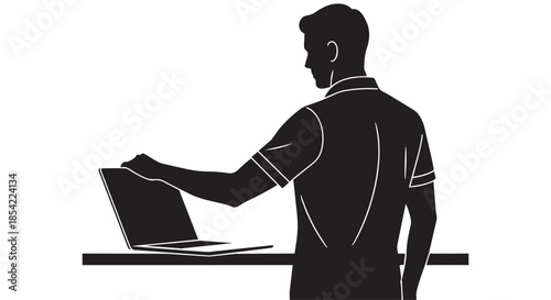 Silhouette illustration of a man standing at a desk, opening or closing a laptop computer