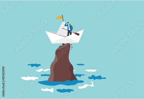 Life or business stuck, struggle with problem or obstacle, error, mistake or failure cause hopeless situation, business difficulty concept, hopeless businessman stuck on shipwrecked on high rock cliff