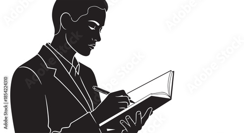 A focused professional diligently taking notes in a book with a pen, presented as a crisp silhouette
