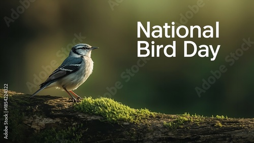 A small bird perched on a mossy log celebrating National Bird Day in a serene natural setting.