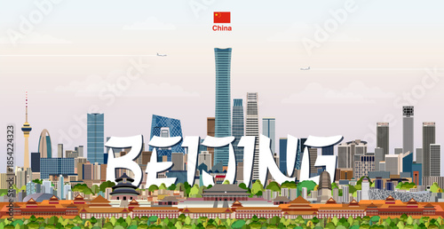 Beijing cityscape colorful vector illustration with big city name on the background. Travel trendy poster