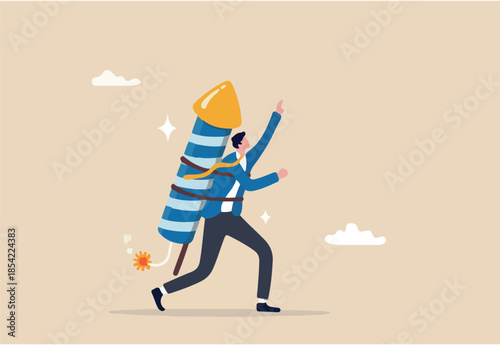 Start business, startup or begin new company, boost business acceleration, fast rising or courage entrepreneur, creativity to win concept, courage businessman with firework booster starting to fly.