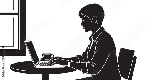 A focused individual in silhouette works diligently on a laptop with a coffee cup nearby