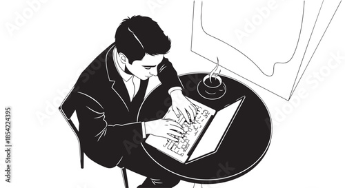 Young professional engaged in focused work on his laptop at a table with coffee